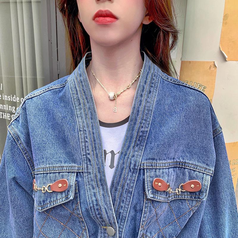 2026 Spring Women's Embroidered Denim Jacket - Korean Style, Loose V-neck, Short Waist-Cinching Fashion.
