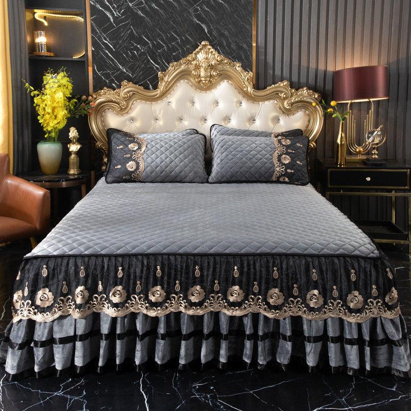 High Grade Winter Crystal Velvet Thicken Quilted Bedspread King Queen Size Flannel Quilting Bed Skirt Including Pillowcase