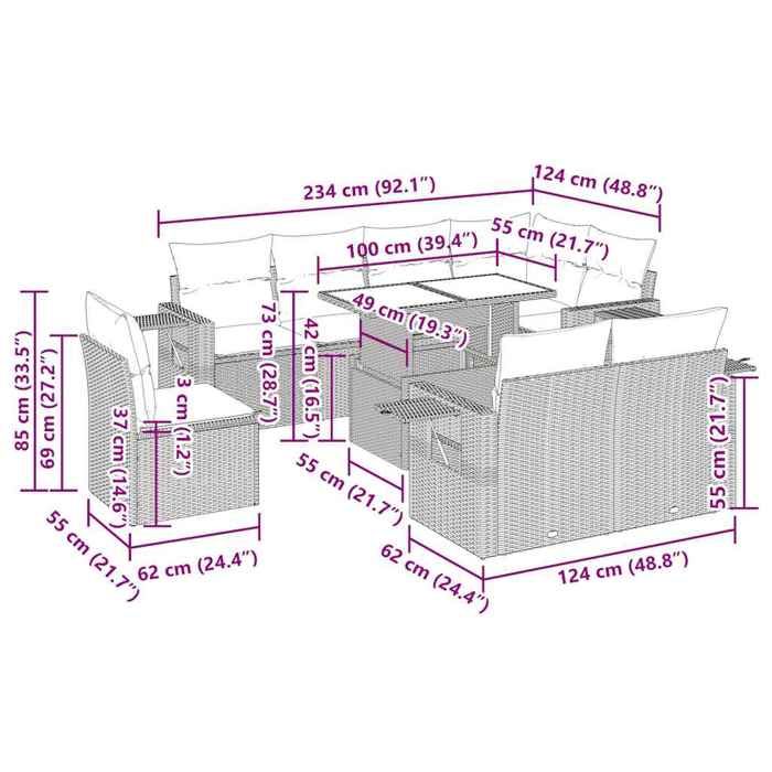 VidaXL Garden Furniture Set with Cushions 9pcs Grey Woven Resin, Outdoor Sofa Set, Garden Lounge 3326502