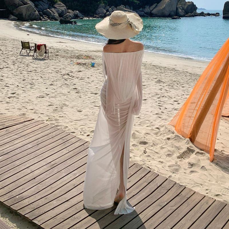 Sexy Vacation Streamer Pleats White One-shoulder Bandeau See-through Dress Fairy Dress