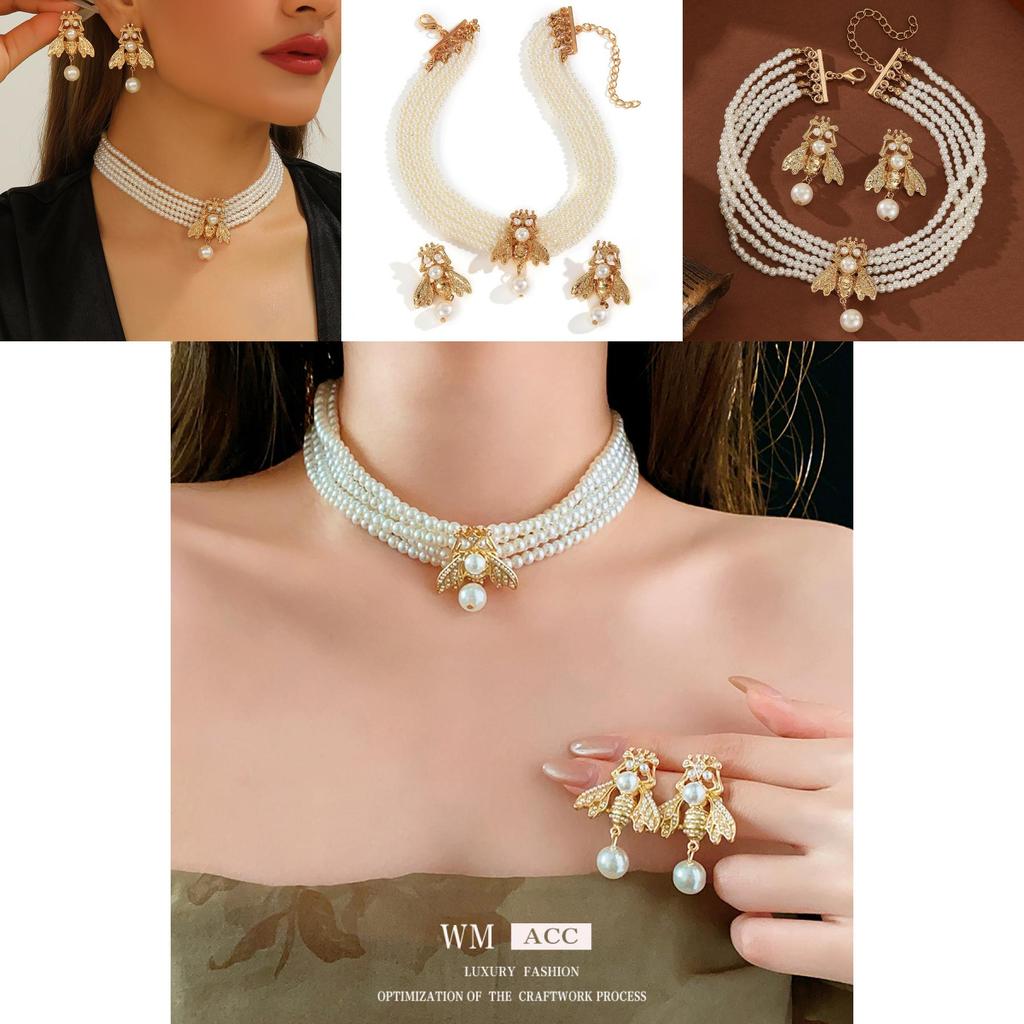 Fashionable Gold Small Bee Necklace And Earring Set With Layered Pearl Design For Women