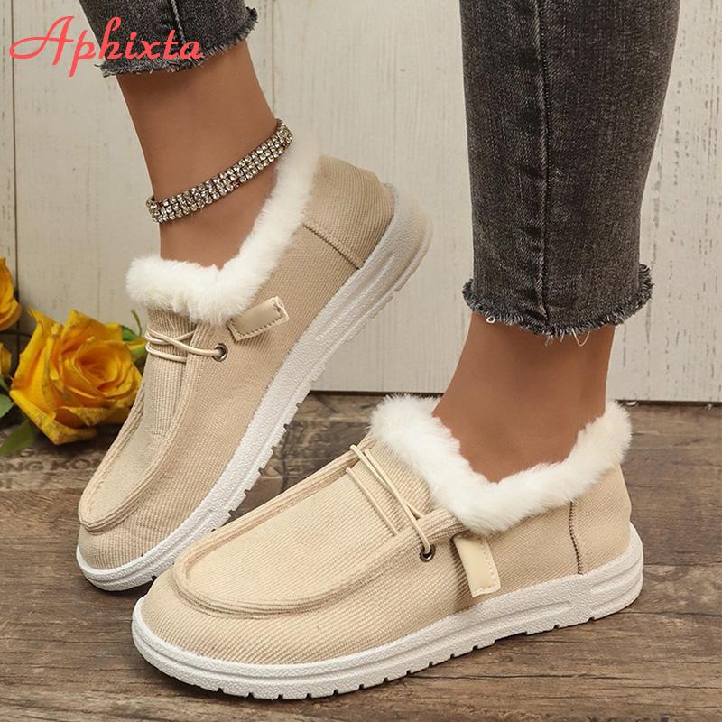 Fashion Aphixta Furry Warm Flats Shoes Women Cotton Fabric Blue Loafers Shoes Woman Flat With Student Footwear Size 43