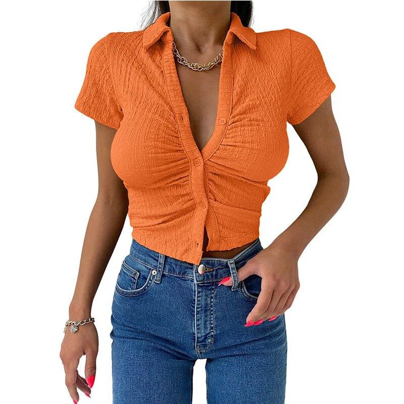 Knopf Kurzarm Slim T-Shirts 2023 Mode Sommer Sexy Crop Top Damen Y2k Streetwear T-Shirt Koreanisch Stilvoll Korsett Blusen 26330