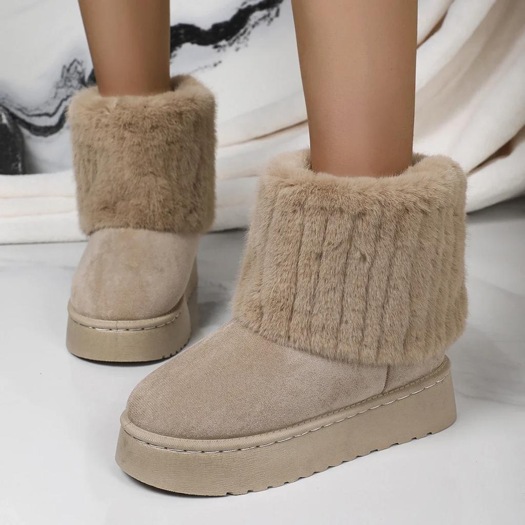 Fashion Fashion Women Round Toe Warm Thickened Plush Winter Beige Mid-calf Boots Thick Sole Casual Comfortable Anti-slip Women Snow Boot
