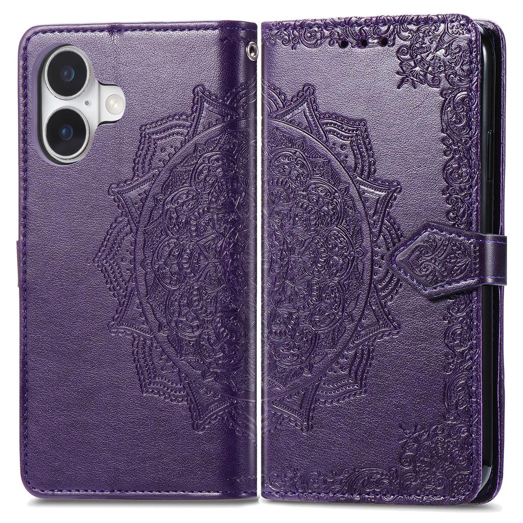 For iPhone 16 Plus Case Mandala Embossed Design Leather Wallet Phone Cover