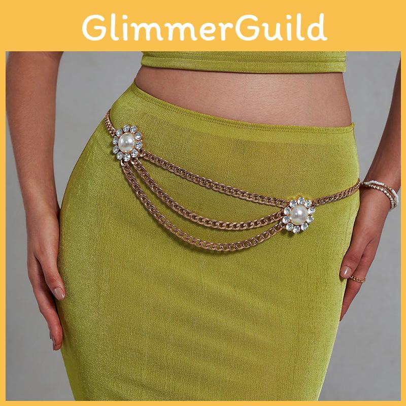 Gold Metal Waist Chain With Pearl Flower Embellishments For Women Summer Wear