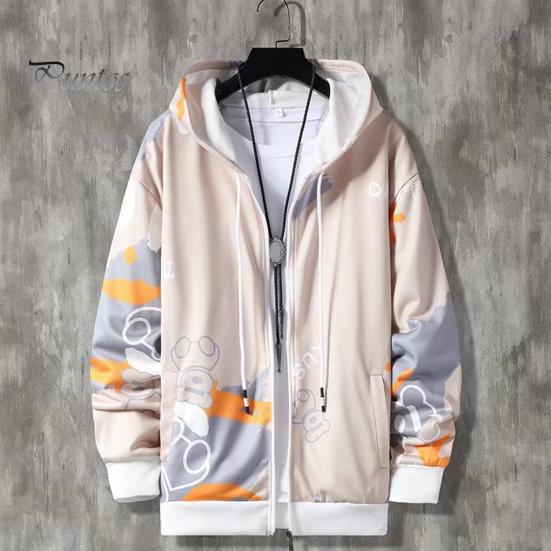 2 Pcs/Set Men Coat Pants Suit Hooded Letter Print Drawstring Zipper Closure Loose Elastic Waist Hip Hop Ankle-banded Men Sportwear