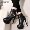 Women's Black Stiletto Ankle Boots Round Toe Buckle Strap High Heel Platform Boots Side Zipper Female Short Botas Botte Femme