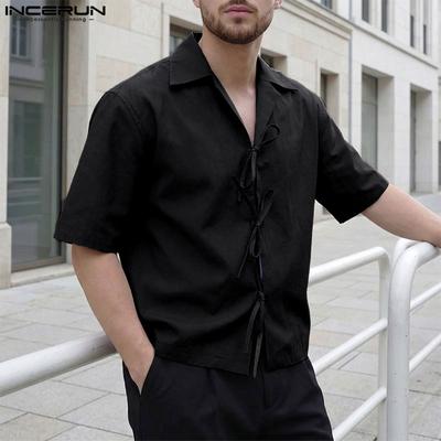 Summer Men Turn-down Collar Short Sleeve Lace-up Casual Shirts