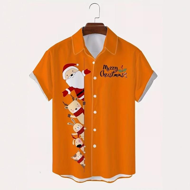 Autumn and Winter Men's Short Sleeved Shirt New Year's Christmas Pattern Digital Printed Shirt Top Men's Casual Shirt