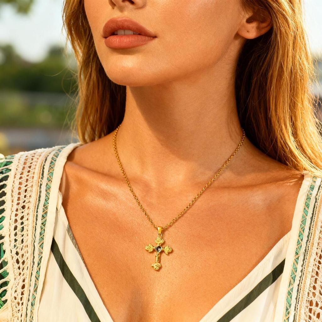 Stainless Steel Rose Cross Pendant Necklace for Women, Heart Shape Rhinestone Hypoallergic Jewelry, Valentine's Birthday