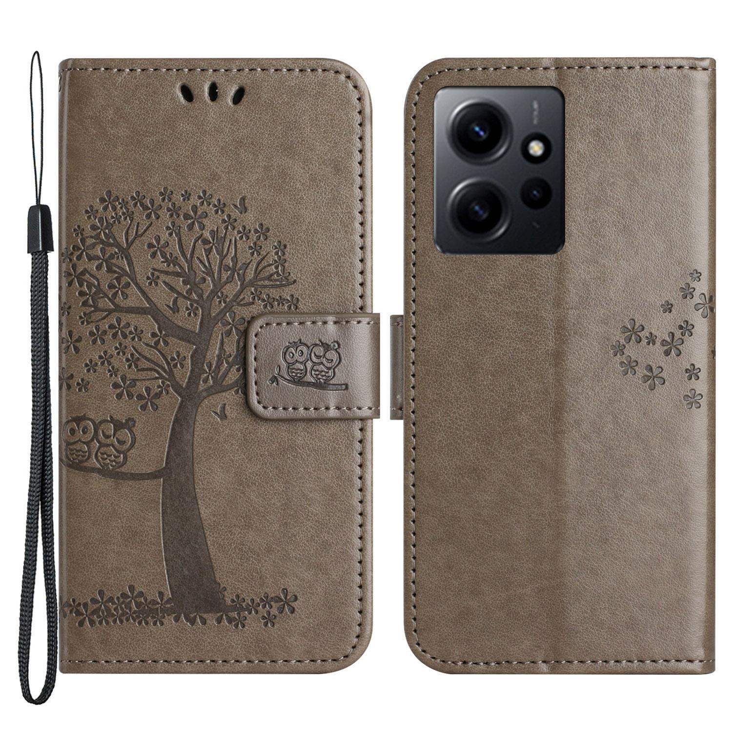 

For Xiaomi Redmi Note 12 4G Owl Tree Imprinted Pattern Phone Wallet Case PU Leather Stand Phone Cover Grey