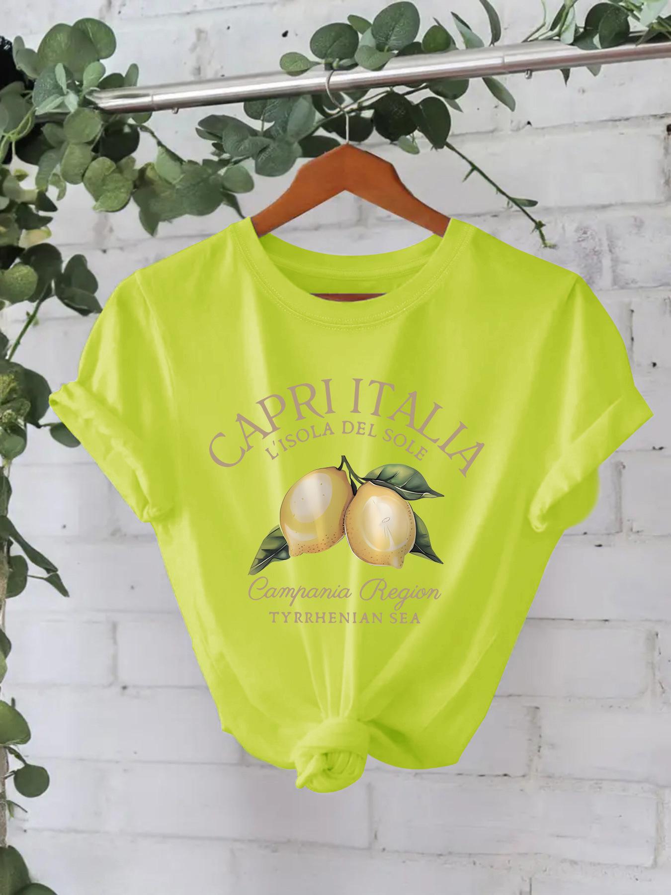 

Женская футболка с короткими рукавами из чистого хлопка с принтом лимона, европейский и американский стиль, круглый вырез, летний дизайн Medium