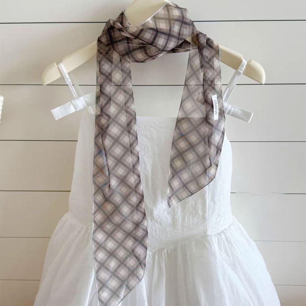 Cravat Flower Scarf Bow Ties Long Ribbon Scarves Plaid Pattern Long Silk Scarf  Scarf Accessories