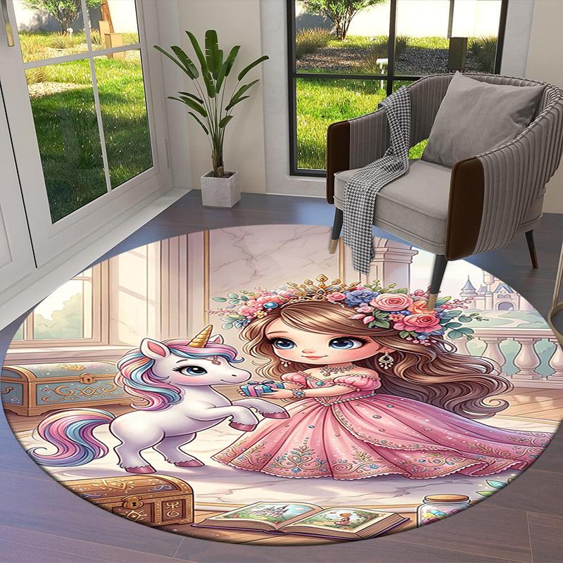 1PC Princess Unicorn Non-Slip Floor Round Carpet, Office, Family, Bedroom, Large Area Rug Indoor Rugs, Durable Polyester-L0414