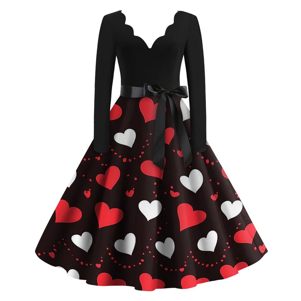 Damen Casual Mode Valentinstag Bedrucktes V-Ausschnitt Retro Langarmkleid