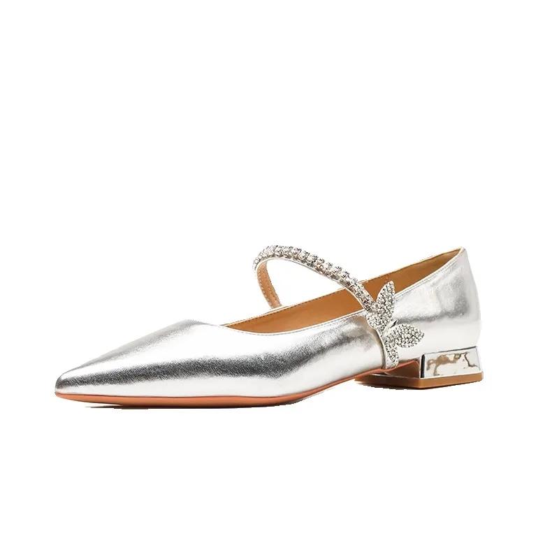 

Мода Новые Элегантные Туфли Женские 2025 Мэри Джейн Женские На Высоком Каблуке Кристальные Туфли-Лодочки с Бабочками Женские Остроносые Туфли на Низком Каблуке Женские 39 серебряный