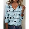 V-neck 3D Printed Cat Pattern Top Fashionable Casual Long Sleeved Women's T-shirts