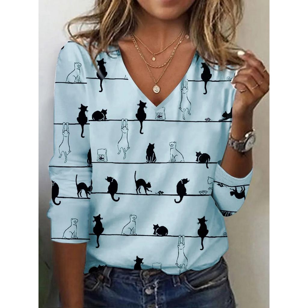 V-neck 3D Printed Cat Pattern Top Fashionable Casual Long Sleeved Women's T-shirts