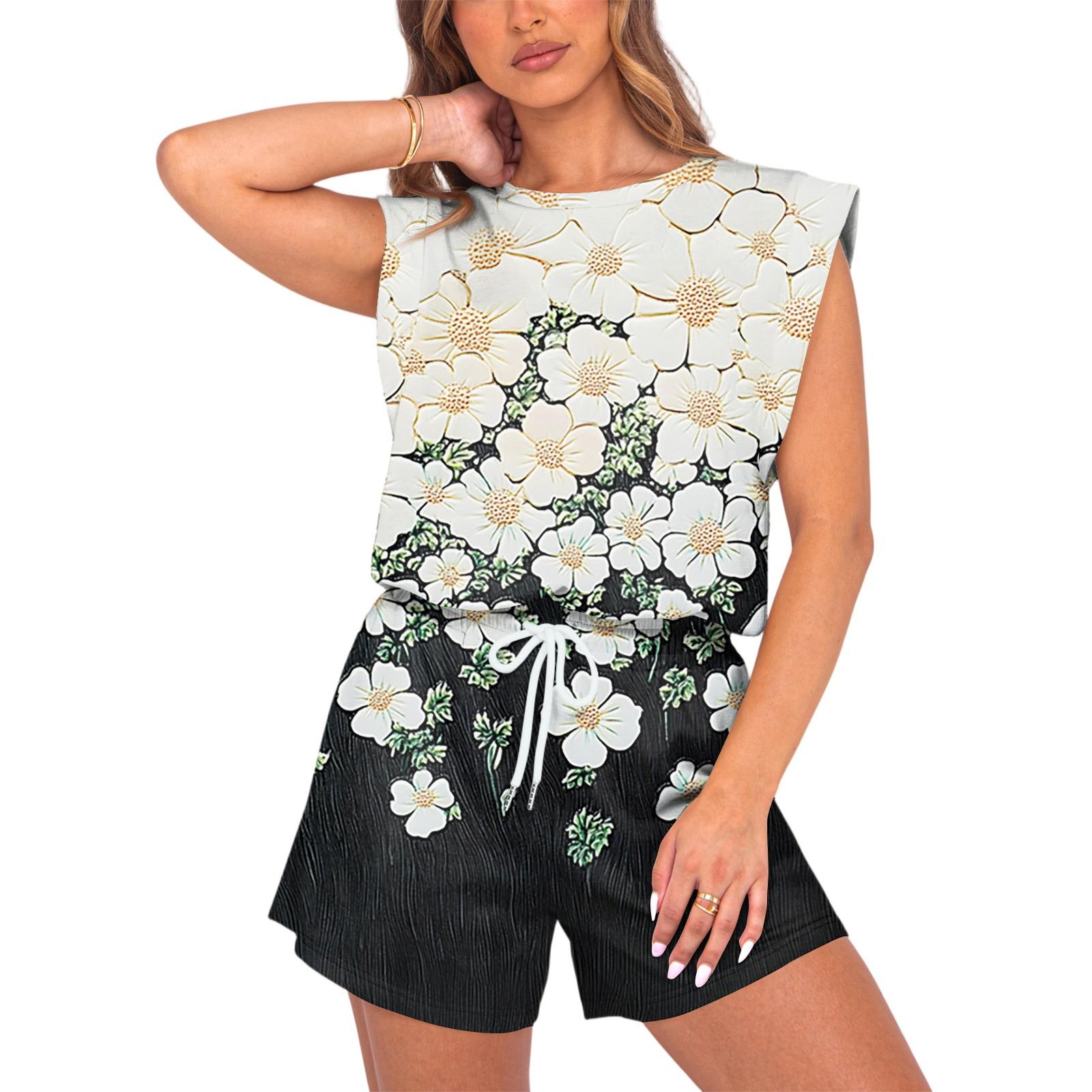 

Женский комбинезон с цветочным принтом, весна-лето, рукава-крылышки, регулируемая талия на шнурке, удобный повседневный короткий комбинезон с карманами XL белый