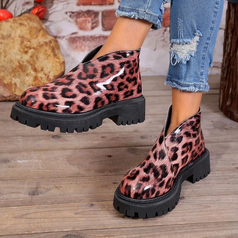 Leopard Print Thick Heel Single Boot Fashion Round Toe Deep Mouth Platform Sole Non-slip Wear-resistant Women's Shoes