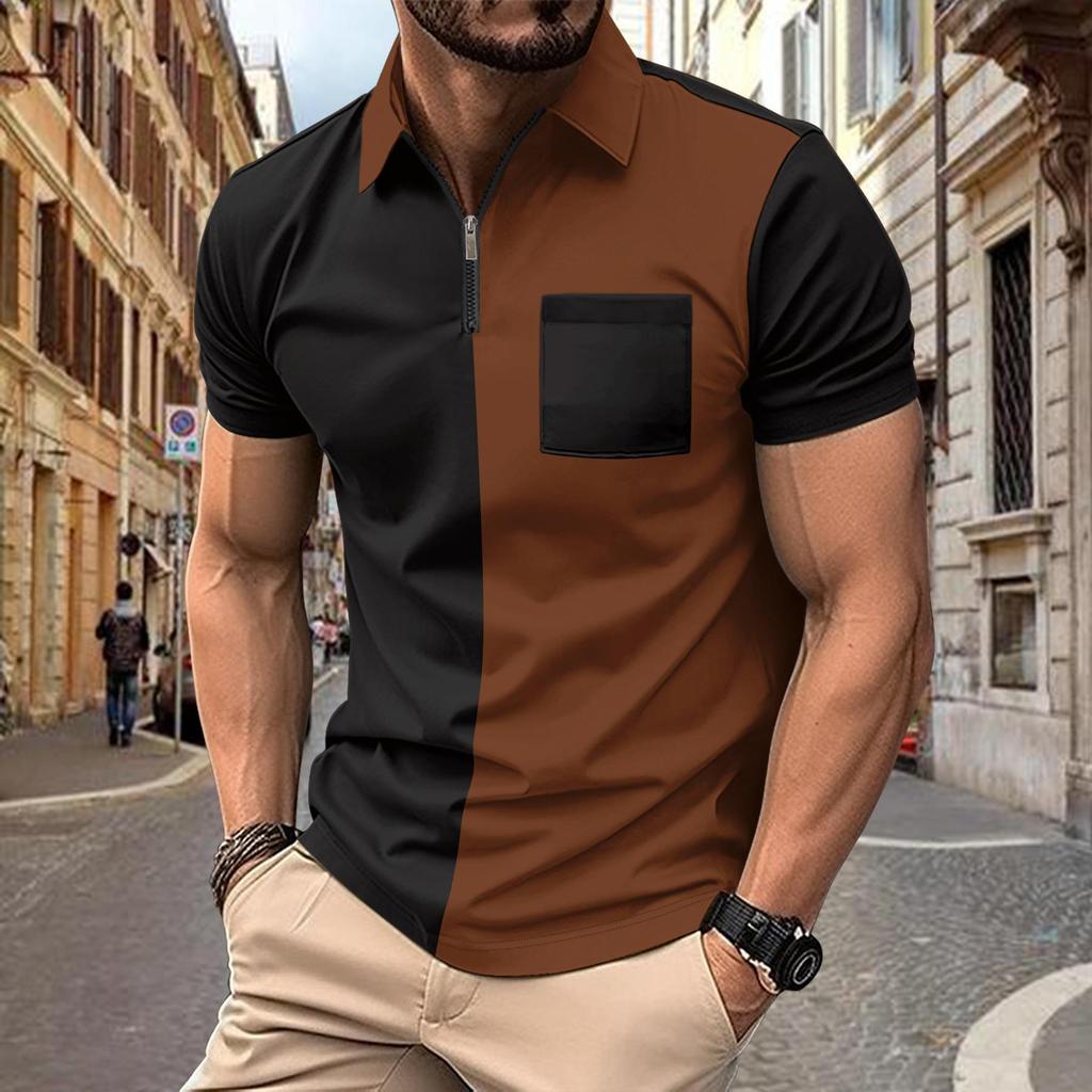 New Men's Short-sleeved T-shirt Fashion Tops Casual Polo Shirt Small Twill This Cloth Splicing Lapel Buttons Men's Polo Shirt