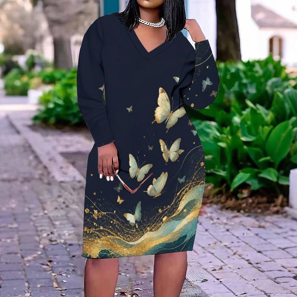 Women Plus Size V Neck Long Sleeve Butterfly Printed Fitted Straight Dress