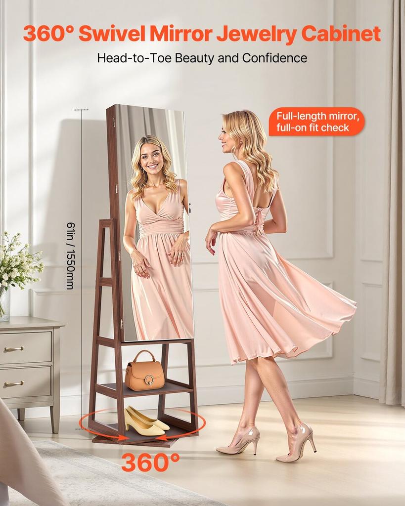 360° Swivel Jewelry Cabinet, 1550 Mm Tall, Full-Length Mirror with Storage, Standing Rotatable Jewelry Armoire Organizer, Lockable Door with 2 Keys,
