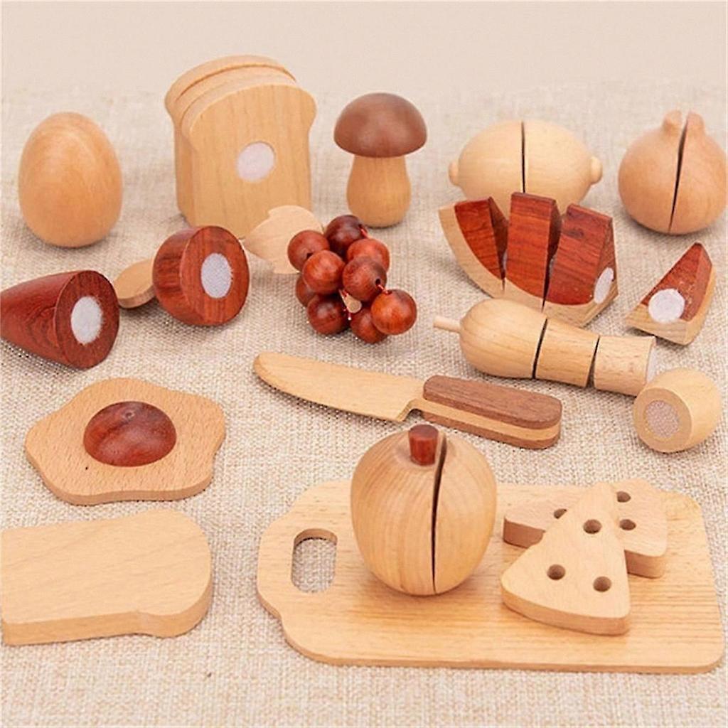 Wooden Play Food Set with Fruits and Vegetables, Natural Simulated Colors for Cooking Roleplay