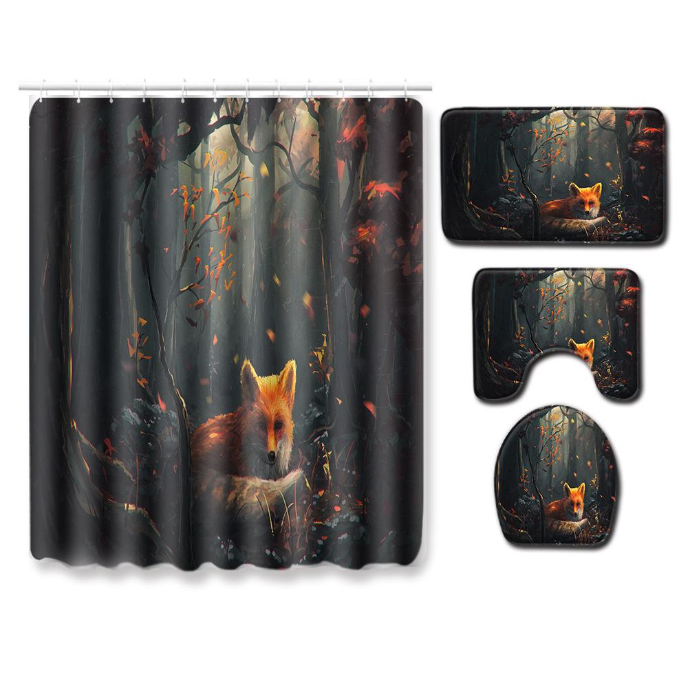 Animal Shower Curtain Floor Mat Combination Four-Piece Set Bathroom Toilet Carpet Shower Room Mat Foot Mat
