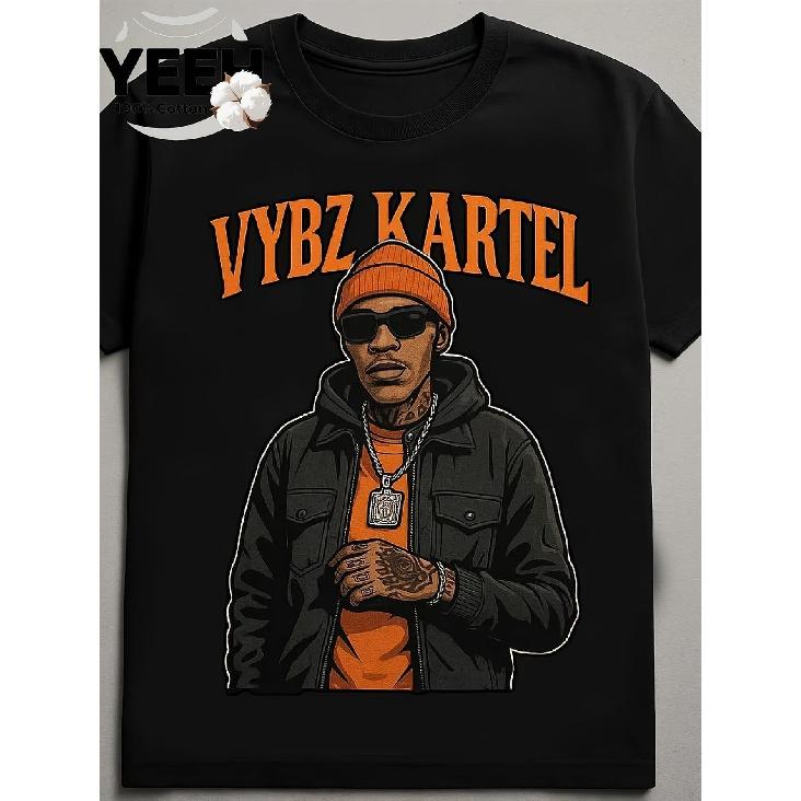 Men's Heavyweight Vybz Kartel Dancehall Graphic T-Shirt - Jamaican Dancehall Tee with Bold Vybz Kartel Portrait & Logo Print, Iconic Dreadlock
