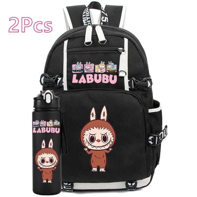2Pcs/set Cartoon Printed Backpack with Water Bottle Student Boy Girl Large Capacity Schoolbag Women Travel Bag Kid Gift
