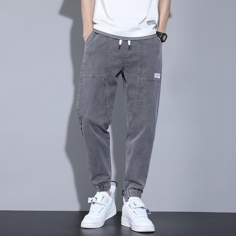 Jeans men's spring and summer Korean version ins trendy brand loose large size leggings fashion labeling elastic waist casual pants