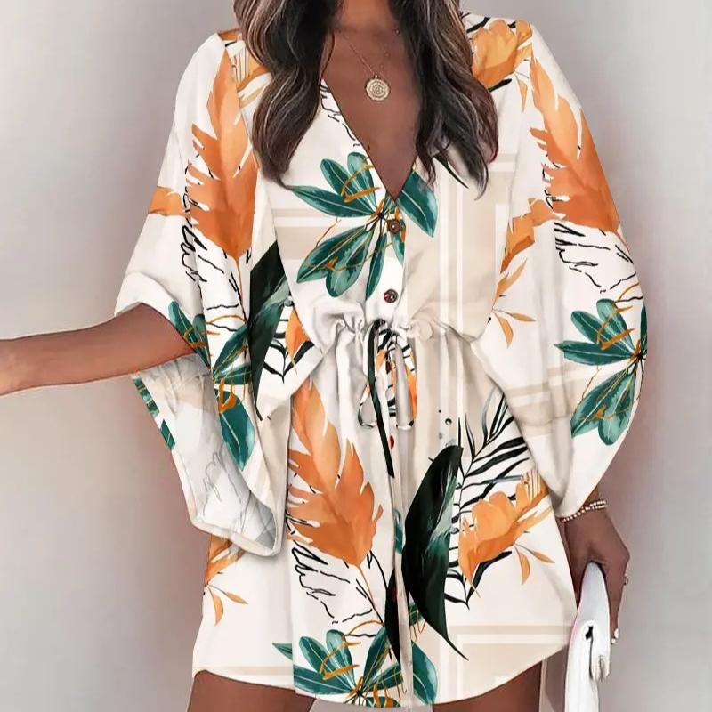 Damen Sommer V-Ausschnitt Bindeband Lässige Urlaubs Kleider