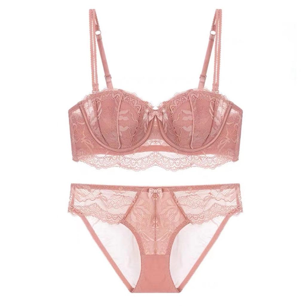 French sexy lace underwear women's half cup strapless non-slip back underwear large chest small large size bra