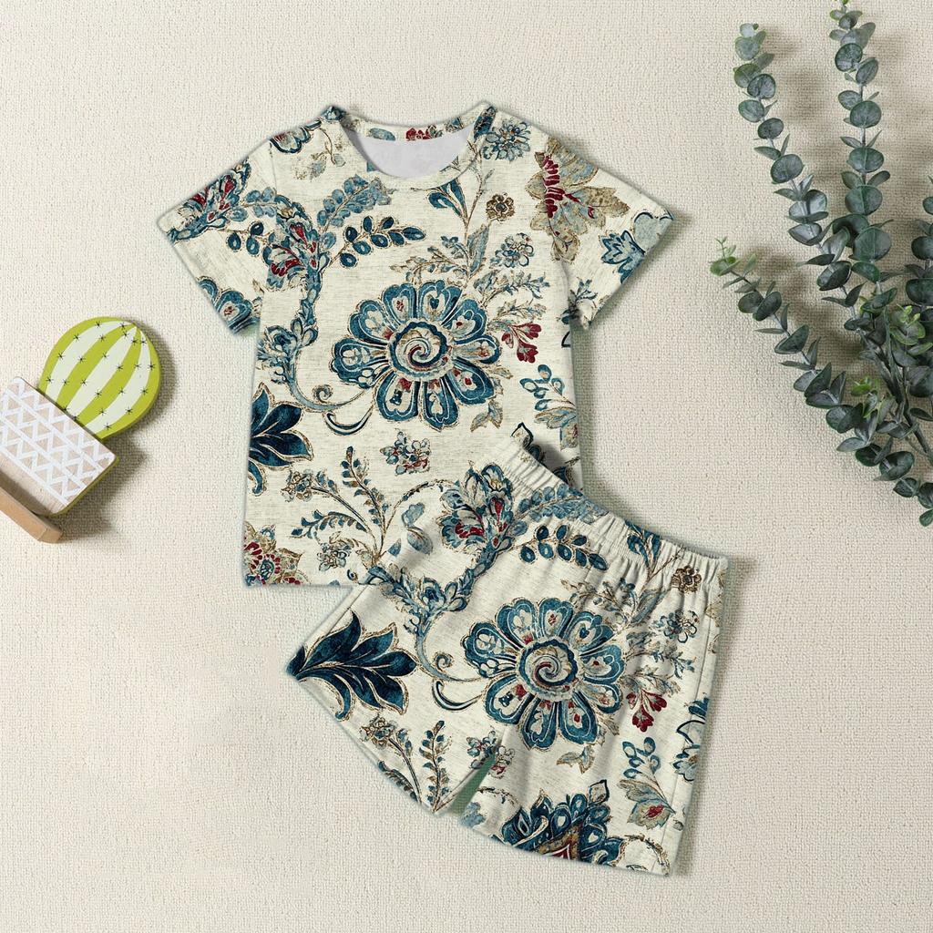 Jungen Mädchen Mode Lässig Rundhals Kurzarm T-Shirt Shorts Vintage Bedrucktes Set