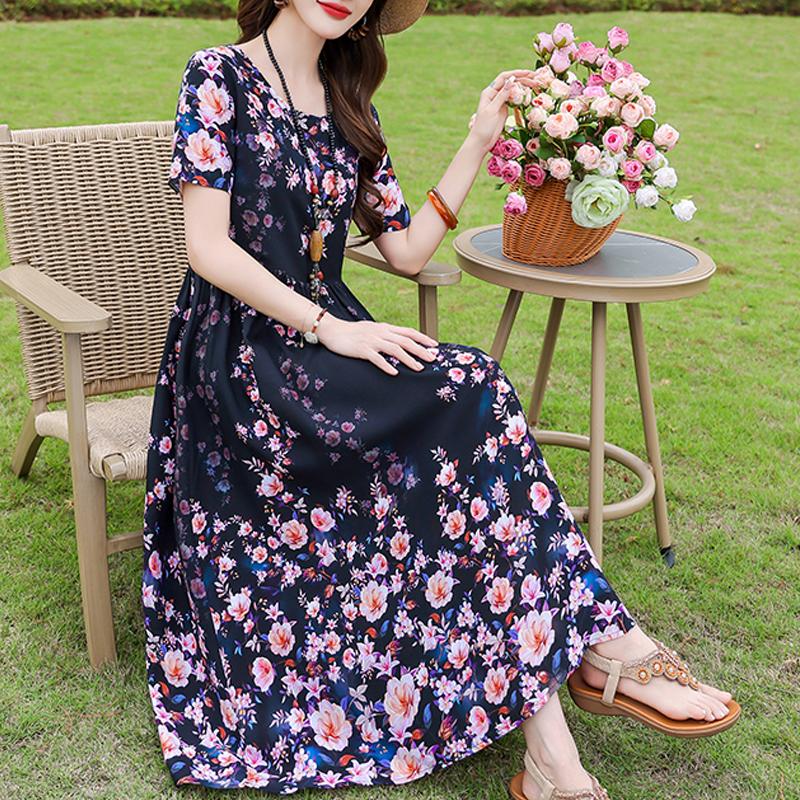 Casual Women's Dress Summer Vintage Clothes Loose Short Sleeve Plus Size Elegant Long Dresses