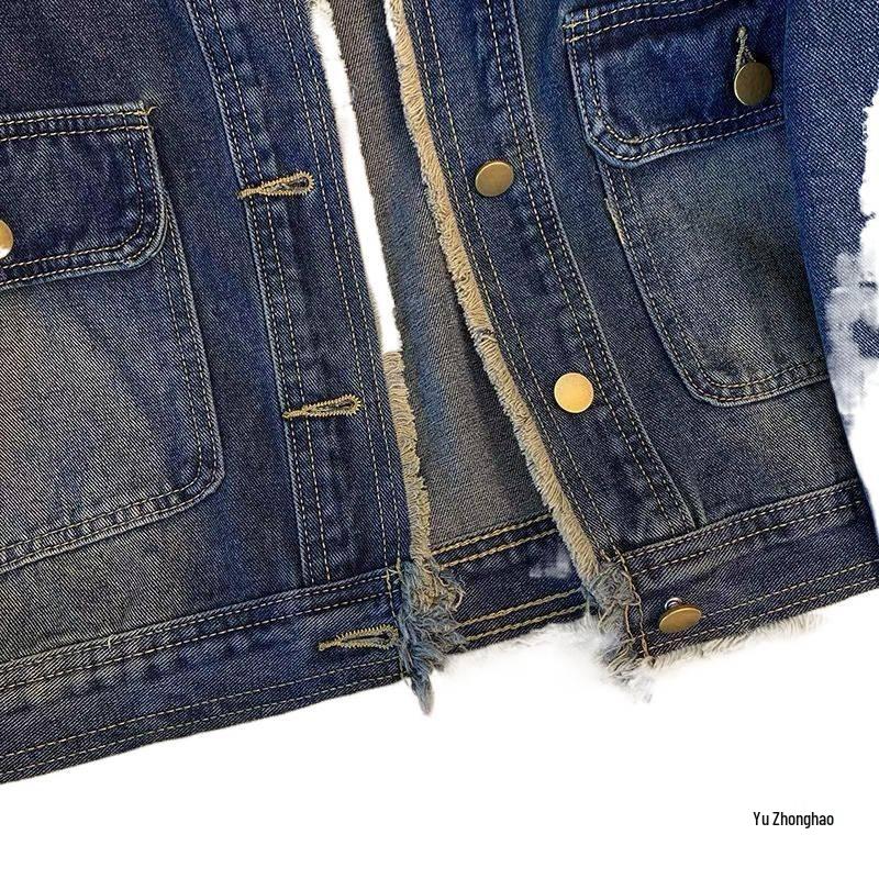Women's Short Dark Blue Retro Frayed Denim Jacket - Spring/Autumn 2026, New Loose Hong Kong Style