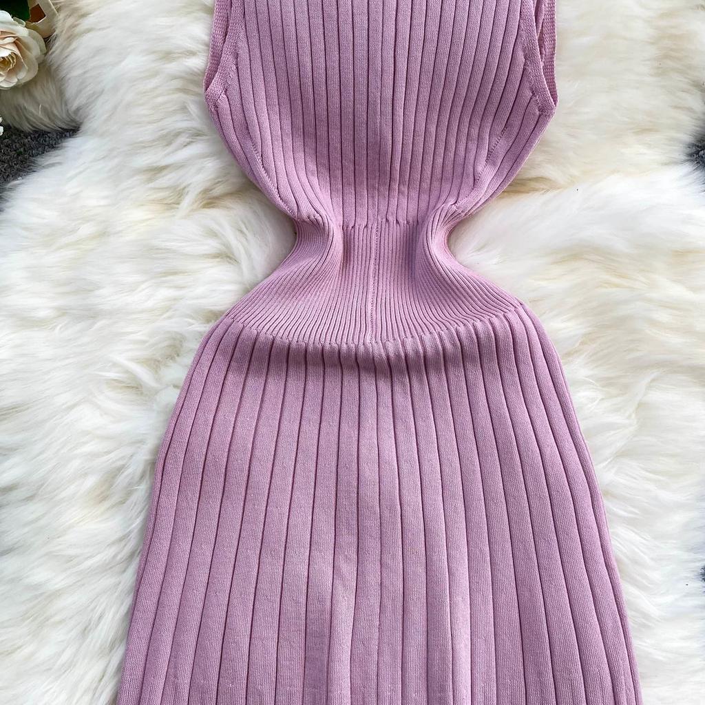 New Summer Solid Round Neck Sleeveless Sweater Knitted Dress for Women Casual Simple Single-breasted Elastic Bottoming Knitwear Dresses