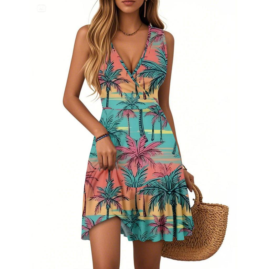Women's Summer Dress V Neck Sleeveless Casual Hawaiian Print Hem Pleated Dress