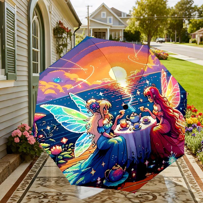 Enchanted Fairy Tea Party Umbrella: A Magical Companion for Outdoor Adventures, Automatically Opens/Closes, Lightweight and Durable,