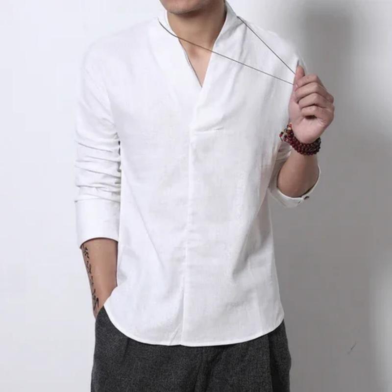 Linen Shirt Men 2025 Mens Spring Long Sleeve V-Neck Shirts Men Chinese Style Cotton Shirts Male Casual Soild Color Blouse