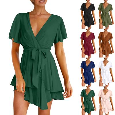 Women's Fashion Casual Color Short Sleeve V-Neck Loose Waist Ruffle Dress