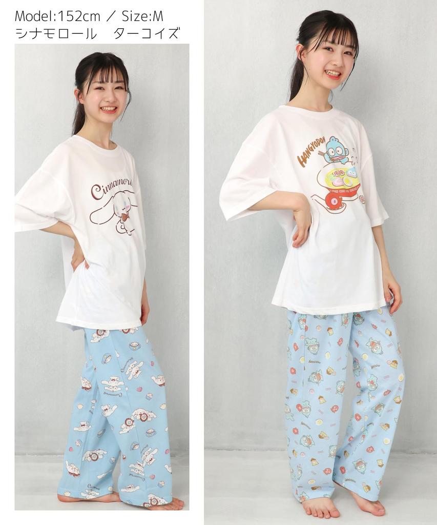 SAZAC Cinnamoroll Pajama Set for Cotton Short Long and Top x Women, Jersey, Sleeves, Pants, T-Shirt, (White Turquoise/M/SAN1806)