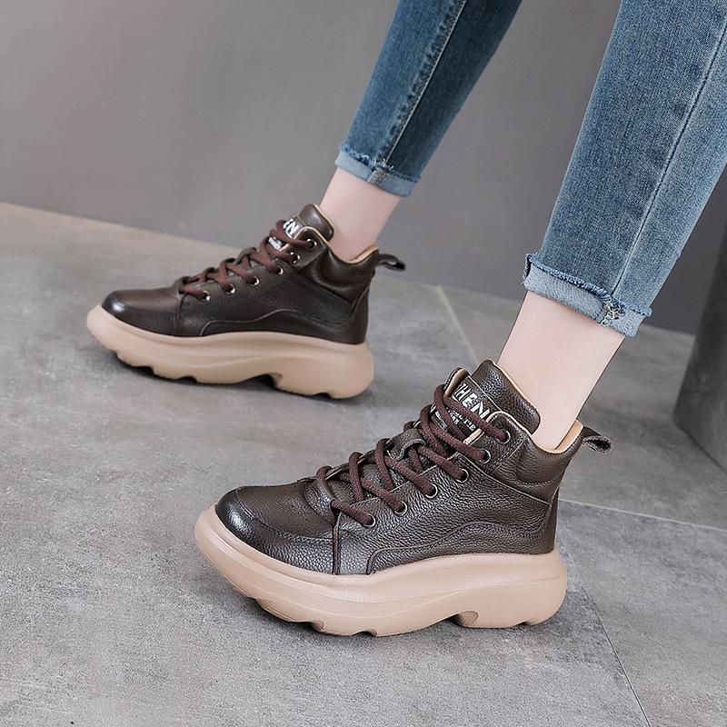 Dame Vintage Kuskinn Høye Ankelstøvletter med Tykk Såle og Rund Tå - Høst/Vinter Kolleksjon.