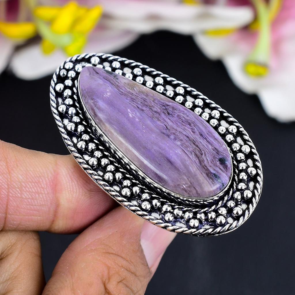 Russian Charoite Gemstone 925 Sterling Silver Jewelry Ring Size 8.5 KG-1685