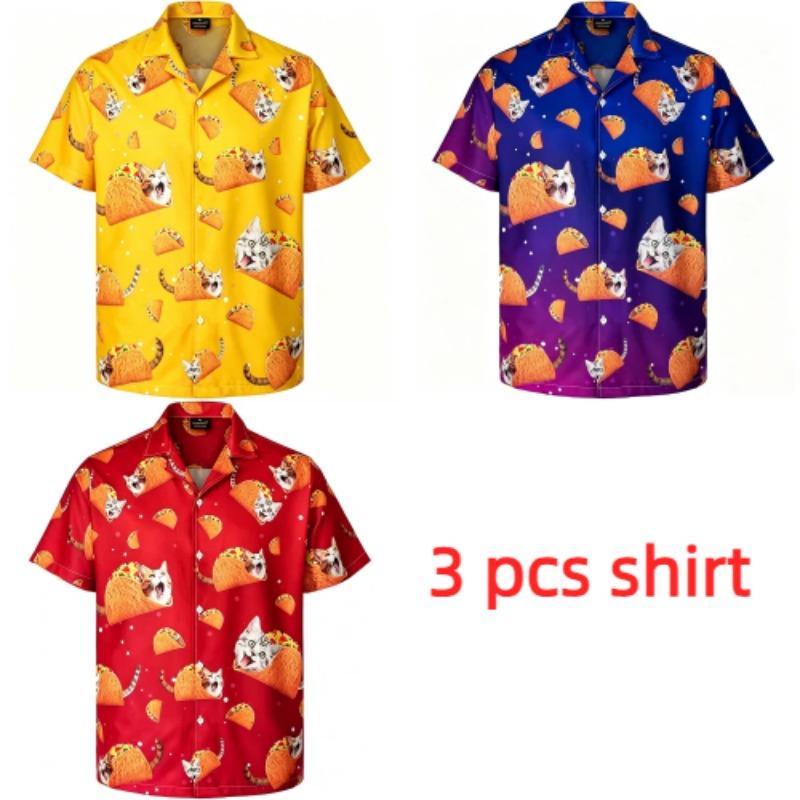 Summer Fashion Beer Hamburger Cat Printing Shirt Hawaiian Beach Vacation Clothing Men's Street Style Shirt Daily Men's and Women's Shirt