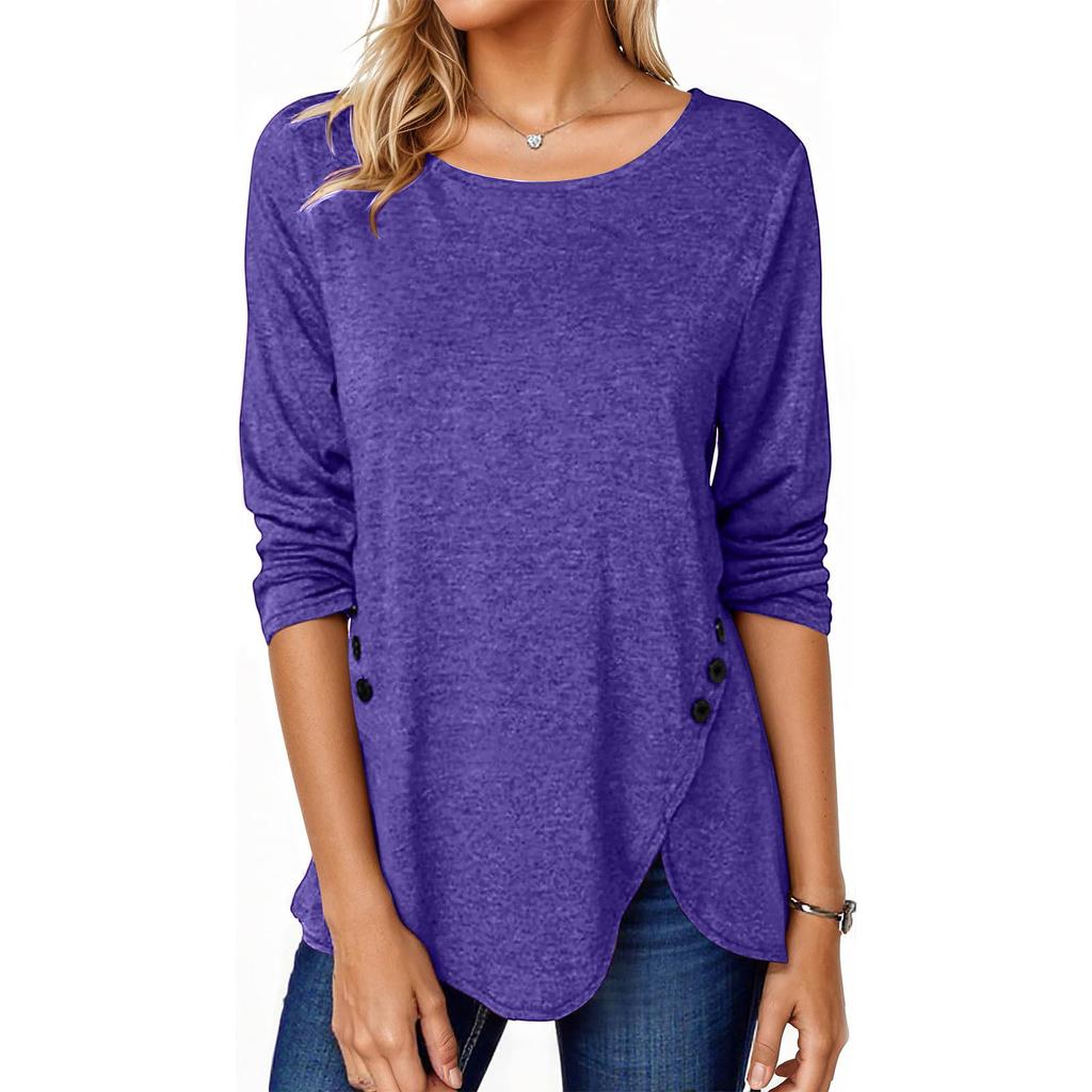 Women's T-shirt, Color, Round Neck, Long Sleeve, Irregular Button, Hem Top