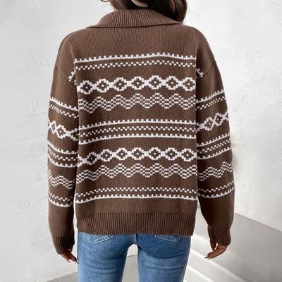 Damen Ethno-Stil Jacquard Reißverschluss Strickjacke Herbst und Winter Revers Lässig Strickpullover