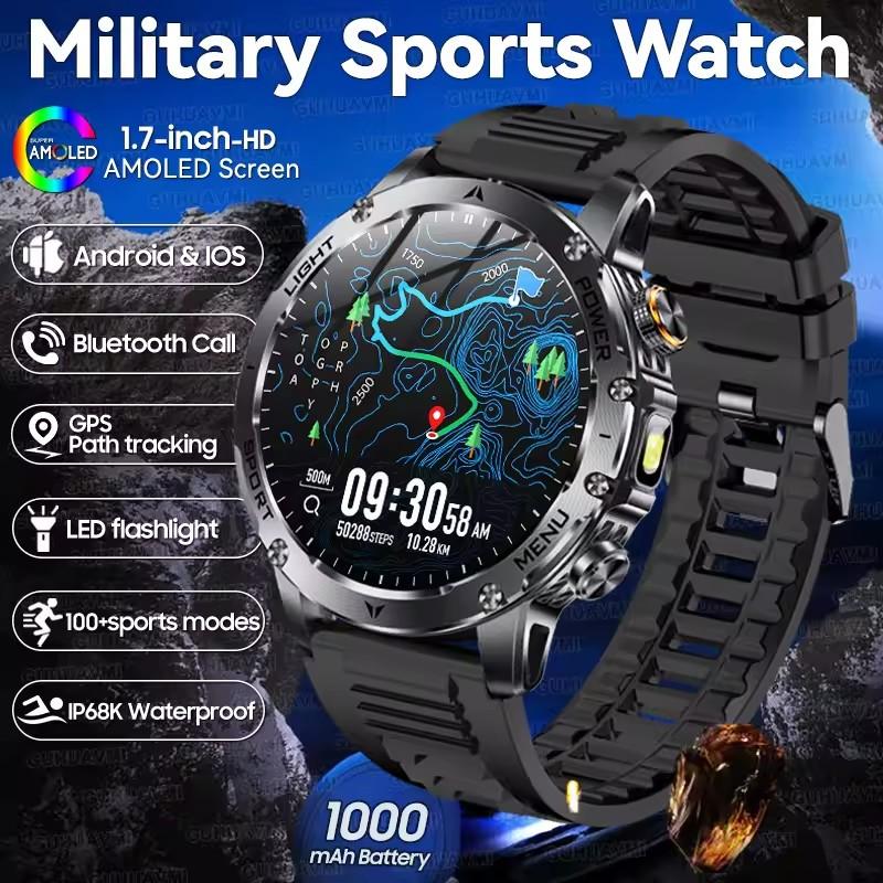 AK87 Men 1000mAh Battery Smart Watch 1.7-inch Large Screen GPS Track Heart Rate 3ATM Waterproof Wireless Call Sports Smartwatch
